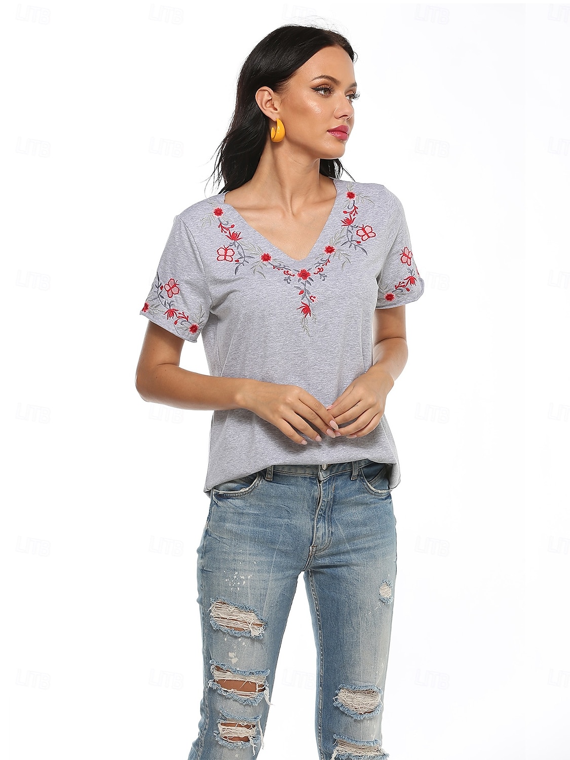 Erntedank Damen Baumwollhemd Einfach Bohemien Stilvoll Basic Kurzarm Puffärmel V Ausschnitt Normale Oberteile Täglich Sport Ausgehen Grau Sommer 2025 - $22.99 –P5