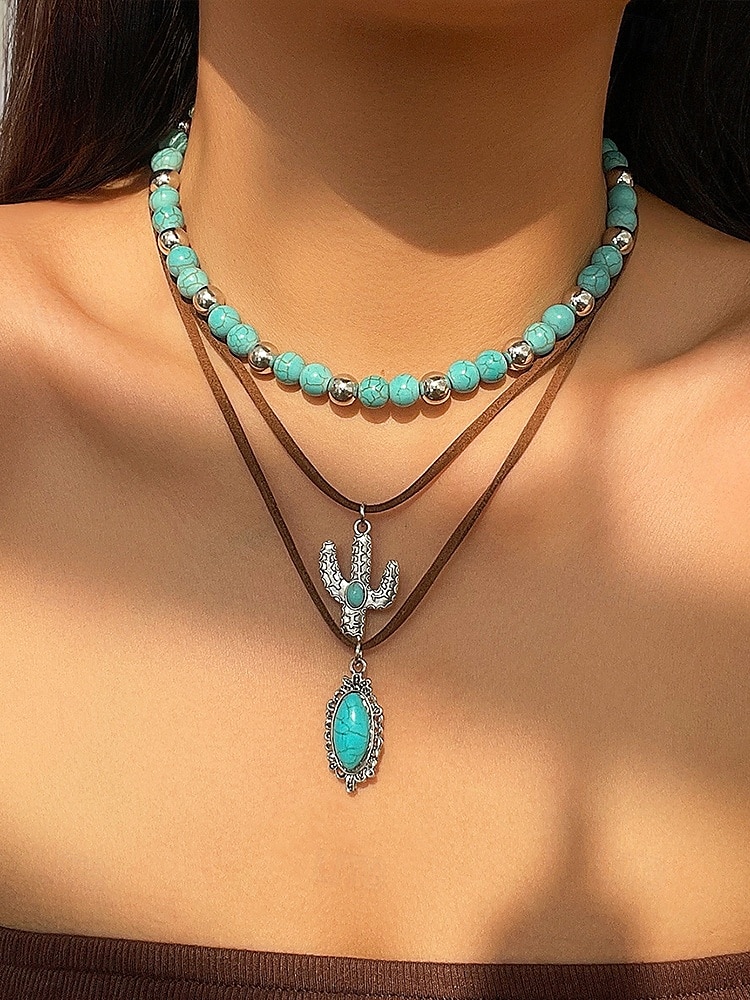 Women's Western Layered Turquoise Beaded Necklace Set – Boho Statement Jewelry with Cactus & Teardrop Charms, Ideal for Festivals, Country Concerts and Casual Wear 2025 - GBP £7.27 –P3