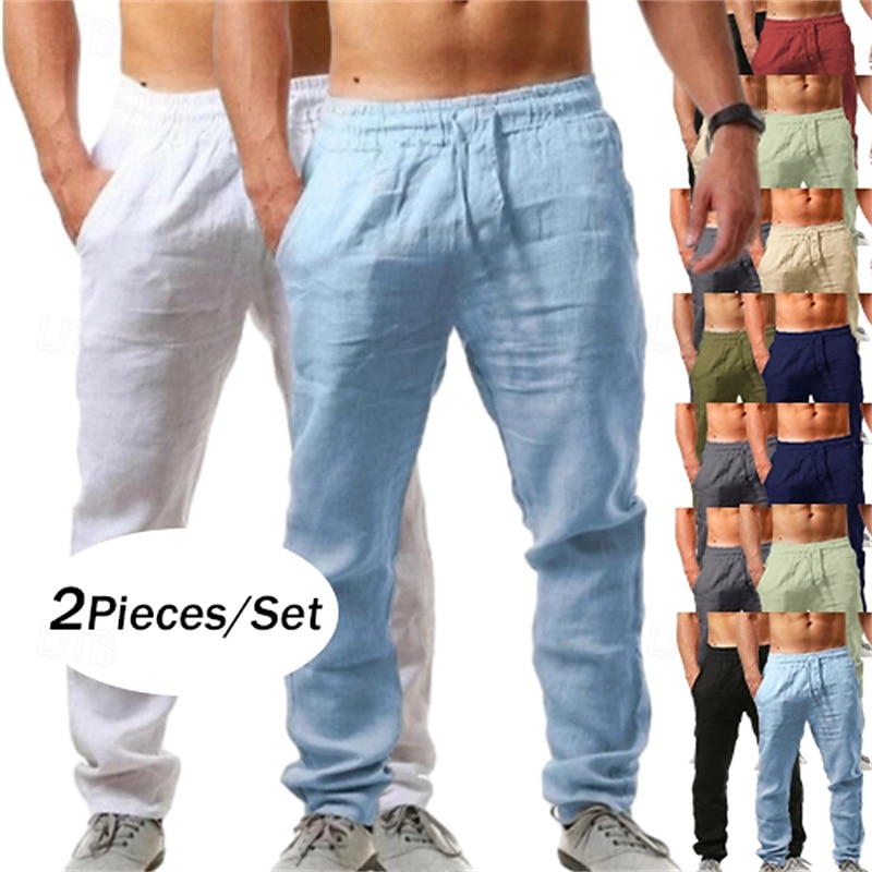 Pacote com 2 calças de linho masculinas, calças de verão, calças largas, calças de praia, cordão, cintura elástica, lisas, confortáveis, respiráveis, comprimento total, uso ao ar livre, diário, moda de férias, estilo clássico, branco + azul celeste de 2025 por $29.99 –P1