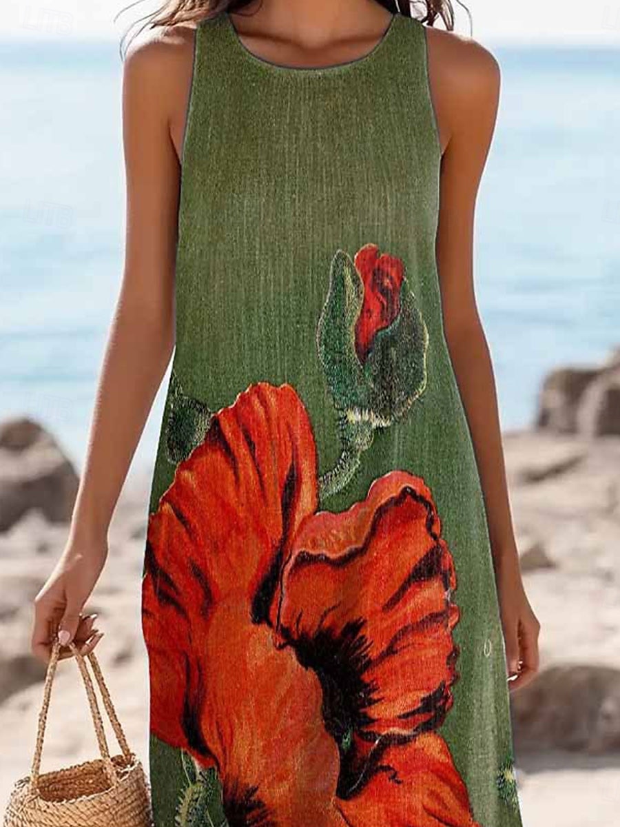 Damen Maxikleid Sommerkleid Shiftkleid Schulterfreies Kleid Lässig Ausgehen Strand Normale Passform Blumen Grafik Ärmellos V Ausschnitt Grün Sommer Frühling 2025 - $36.99 –P2