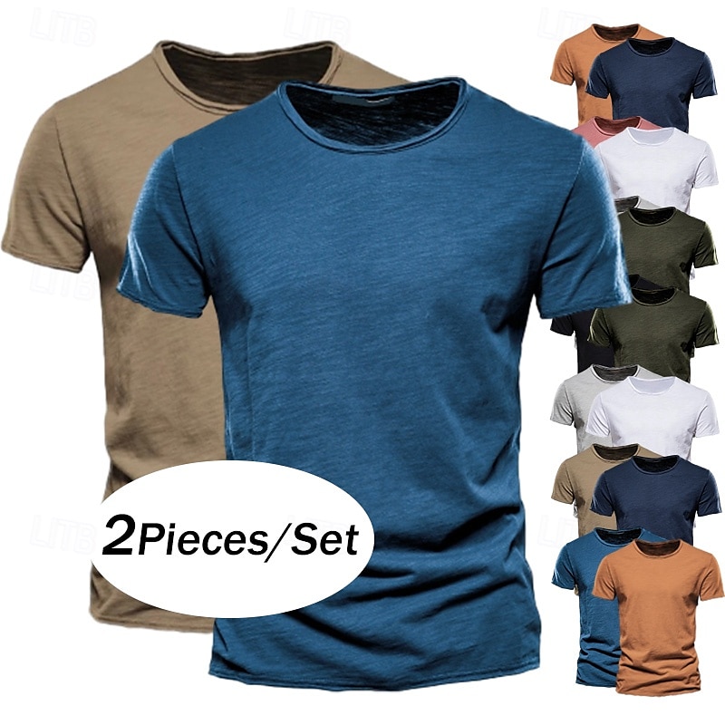 2 Pack Cotton Men's T Shirt Tee Top Short Sleeve Short Sleeves Crew Neck Round Neck Summer Plain Fashion Designer Basic Classic Style Basic Vacation Street Casual Orange Blue Army Green  Black Tee 2025 - $26.99 –P1