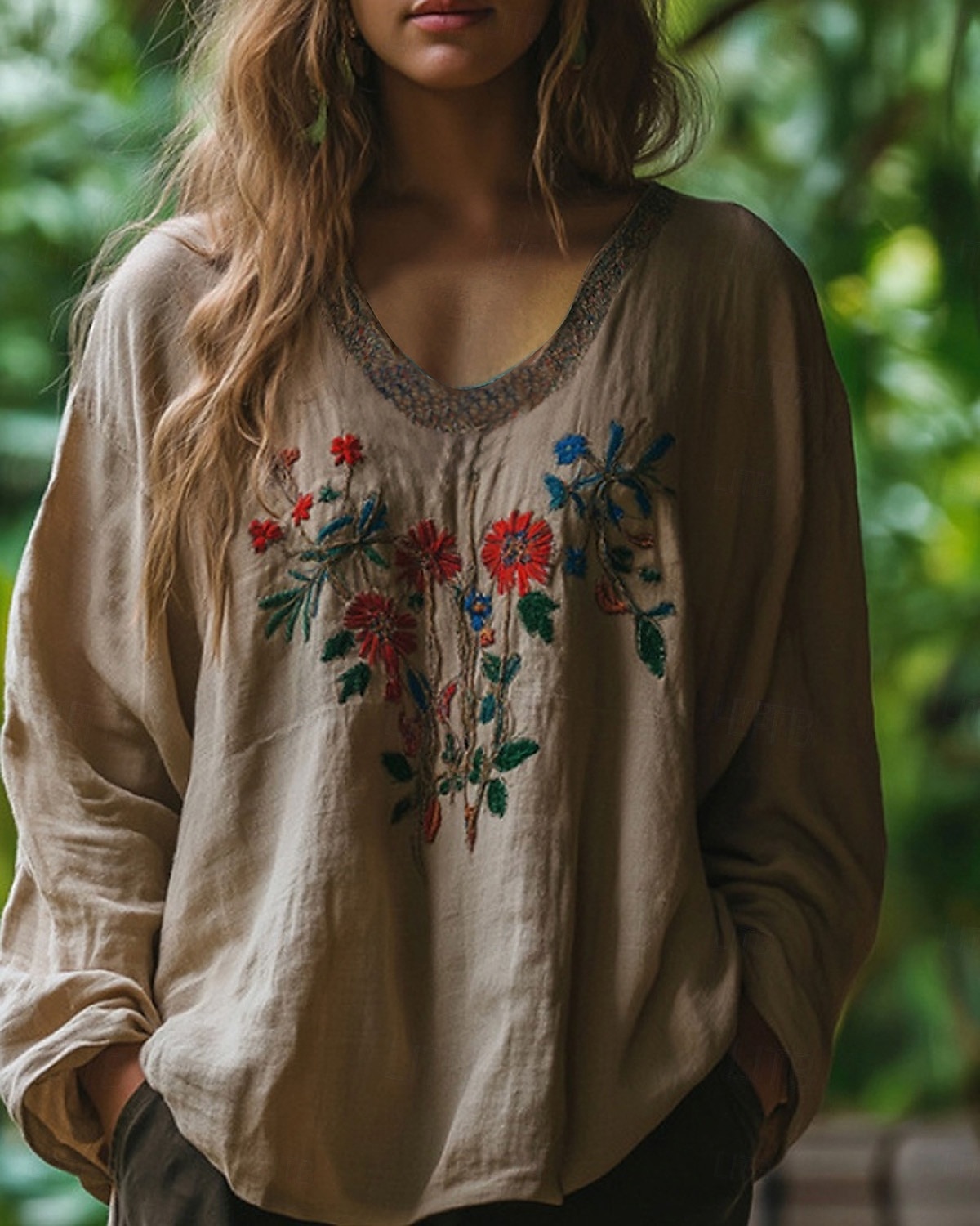 Damen Westernbluse Boho-Hemd Bluse Blume Boho Langarm V Ausschnitt Normale Oberteile Täglich Ausgehen Druck Kamel Khaki Sommer 2025 - $21.99 –P3