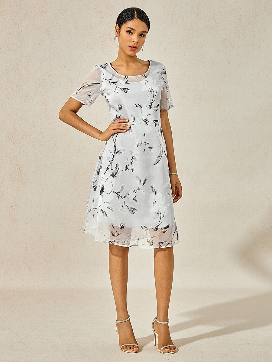 Women's Elegant Chiffon Dress Floral Mesh Print Crew Neck Midi Dress Daily Vacation Short Sleeve Summer Spring 2025 - $39.99 –P2