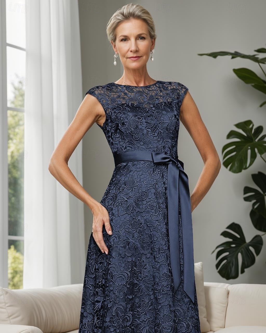 Robe Mère de la Mariée A-Line Bleu Ciel Élégante Invité de Mariage Simple Luxueuse Col Bateau Longueur de Sol Satin Ceinture Dentelle Sans Manches de 2025 ? $158.99 –P6