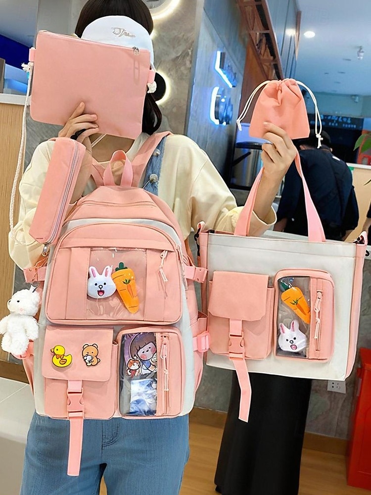 damski 6-częściowy uroczy plecak kawaii z przezroczystymi kieszeniami z przodu, przypinkami z kreskówek i pluszowymi zawieszkami, lekka nylonowa torba szkolna dla nastoletnich dziewcząt, do codziennego użytku na uczelnię 2026 - $34.99 –P1