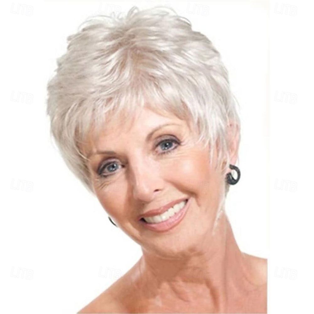 Short Silver White Synthetic Wigs with Bangs for Old Women White Stylish Fluffy Layered Wigs Natural Fluffy Heat Resistant Wigs for Mother Grandmother Grandma 2025 - $25.99 –P5