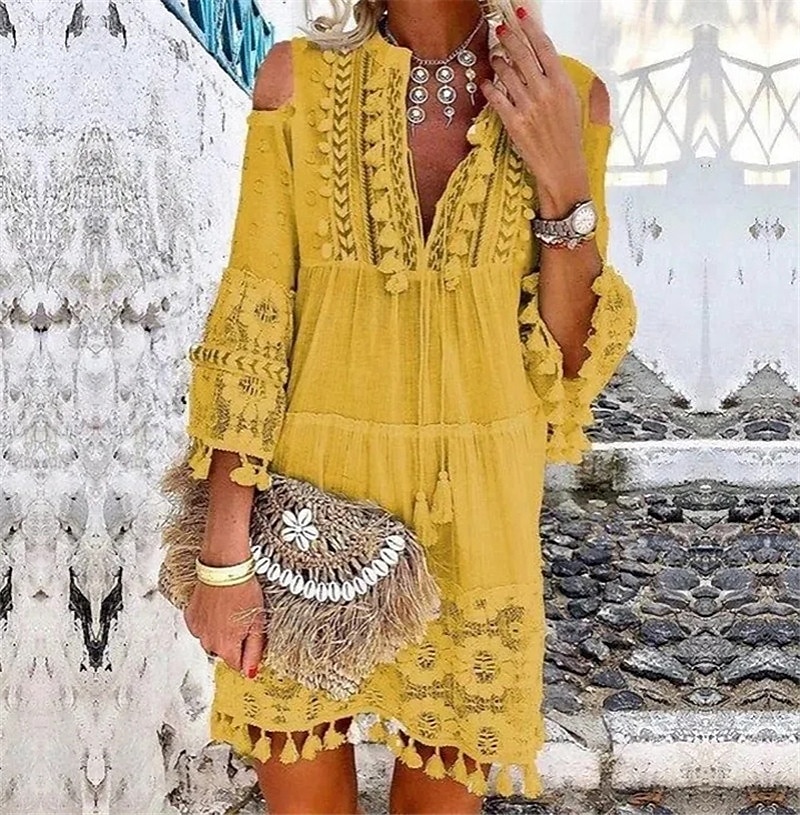 Pentru femei Rochie Mini Rochie de schimb Rochie Boho Vacanță Casual În aer liber Vacanță Zilnic Potrivire Largă Culoare pură Lungime Manșon 3/4 În V Alb Roz Îmbujorat Albastru piscină Mov Var 2025 - $42.99 –P11
