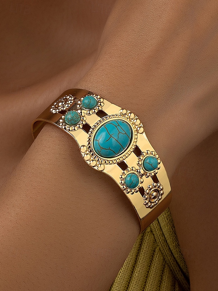 Bracelet manchette vintage en or pour femme avec pierres turquoises – Bracelet réglable de style bohème pour dames, idéal pour les tenues décontractées, les fêtes et les festivals d'été de 2025 ? AU $14.99 –P2