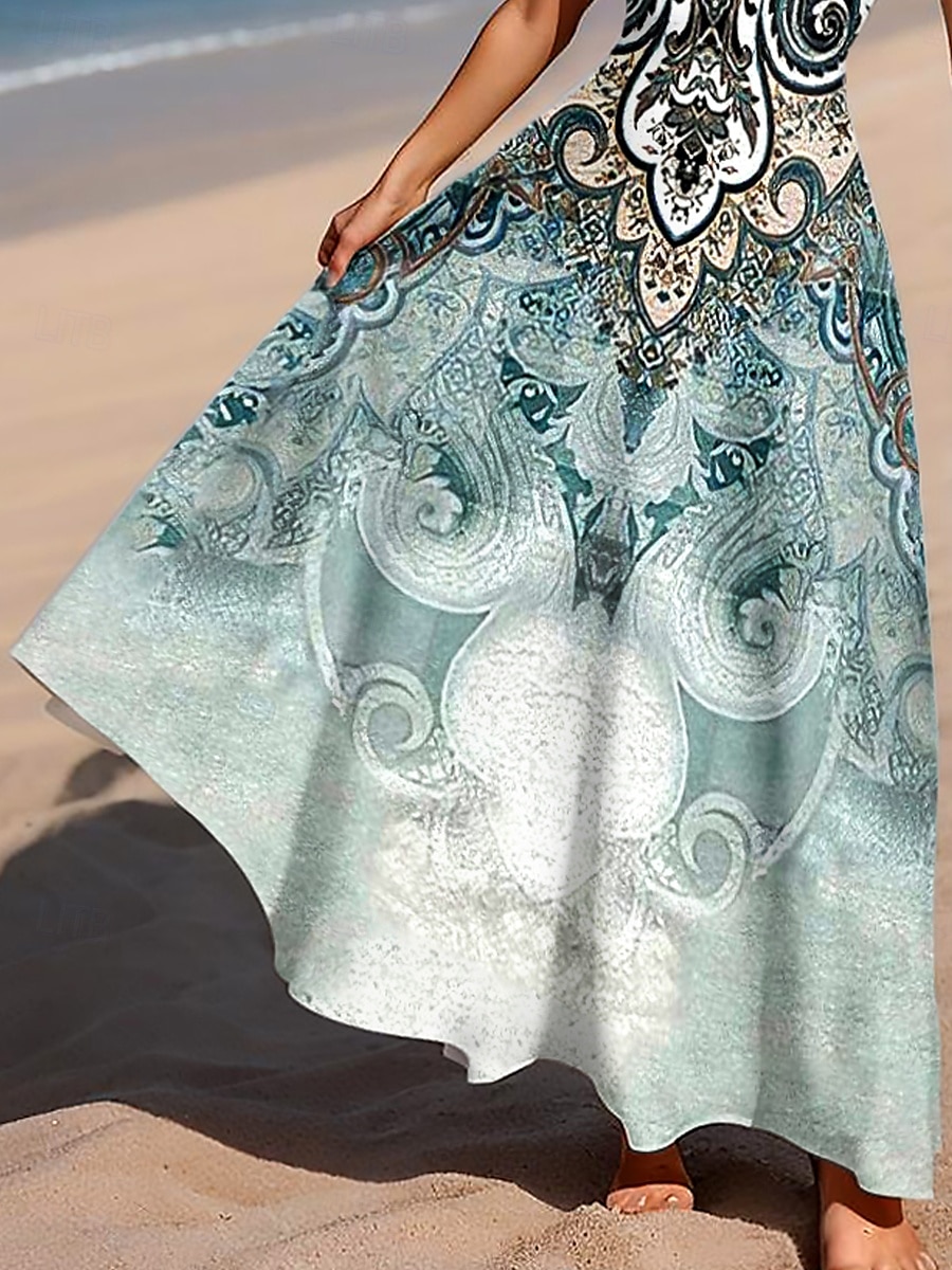 Dam Maxiklänning A linjeklänning Off Shoulder Klänning Semester Ledigt Strandstil Fest Strand Normal Grafisk Paisley Bohemisk Ärmlös Fyrkantig hals Rundhals Salvia grön Sommar Vår 2025 - $27.99 –P3