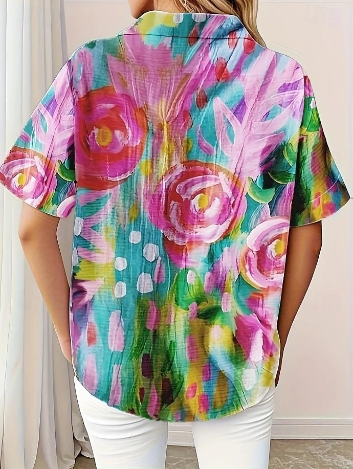 Damenskjorte Langermet Knappebluse Blomster Grafikk Aktiv Daglig Stilfull Kortermet Skjorte Krage Vanlige Topp Daglig Hvit Rød Fuchsia Sommer Vår 2025 - $24.99 –P2
