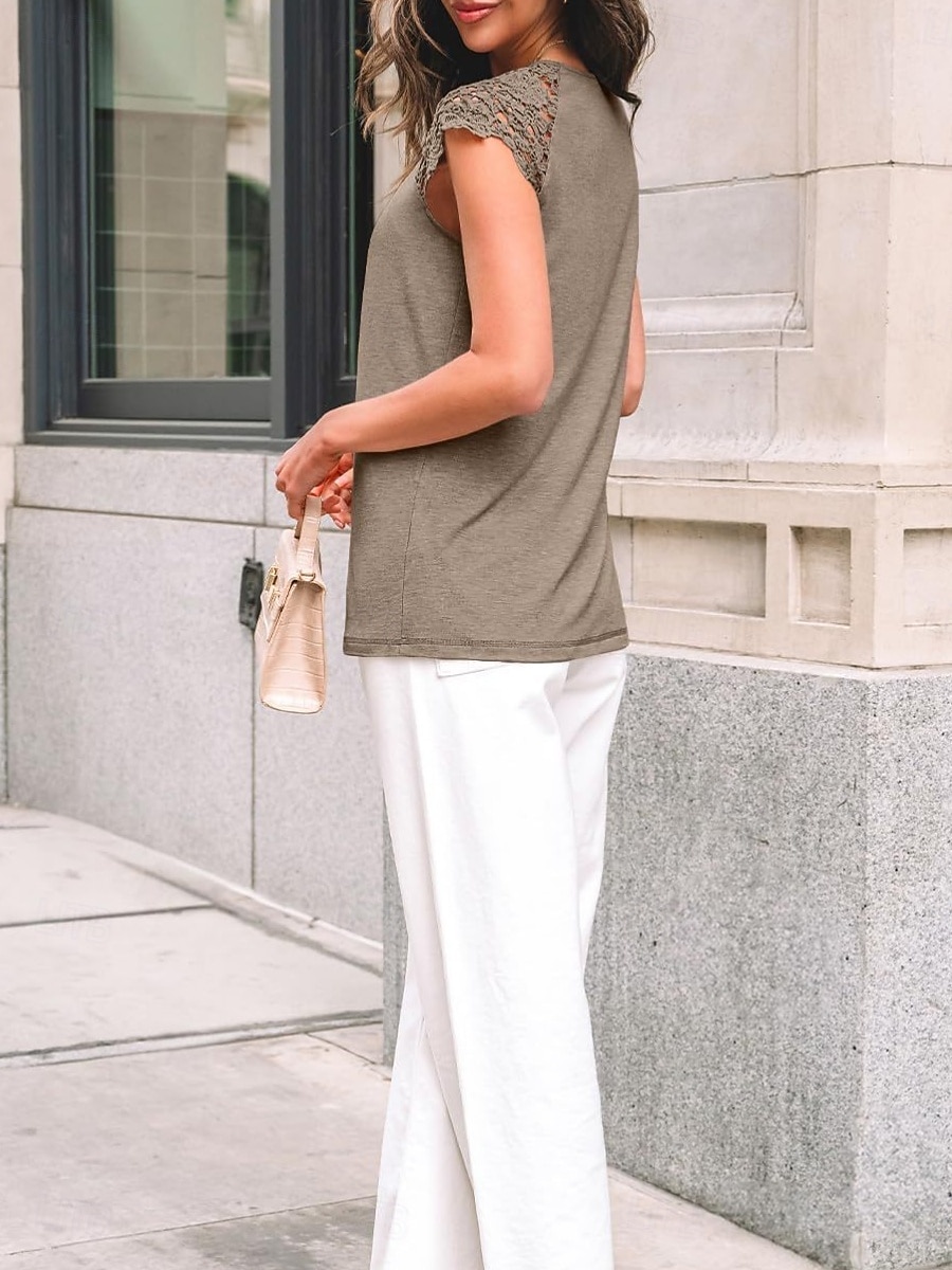 Damernas T-shirt Enfärgad Plain Mode Stilig Klassisk Korta Ärmar Rund Halsringning Regelbundna Toppar Daglig Helg Spets Lappar Svart Blå Grön Khaki Sommar 2026 - $22.99 –P16