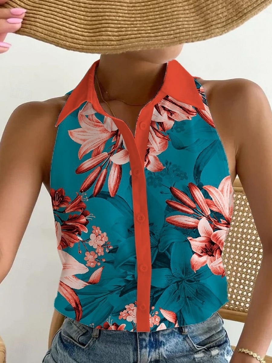 Dames Overhemd Grafisch Kleurenblok Stijlvol Casual Mouwloos Overhemdkraag Normale tops Dagelijks Knop Afdrukken Zwart Marineblauw blauw Regenboog Zomer 2025 - $15.99 –P4