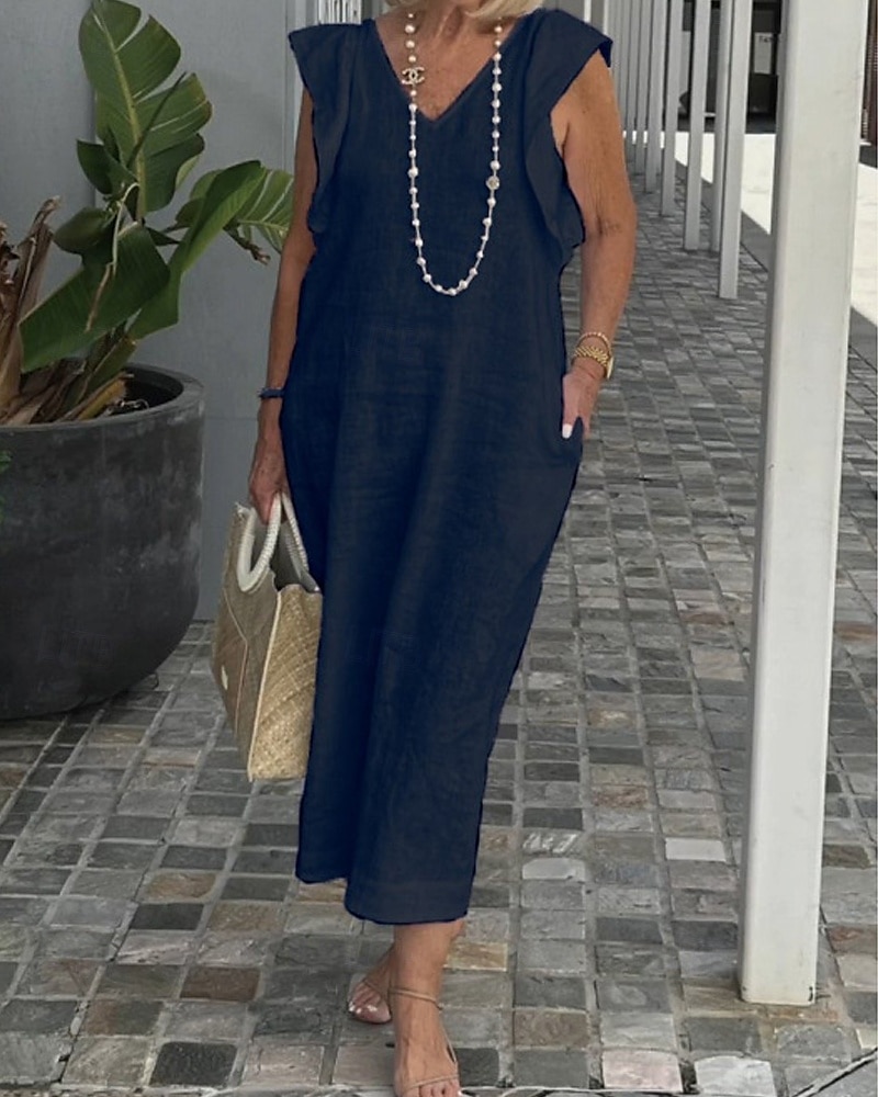 Pentru femei Rochie Lunga Rochie Maxi Rochii de in bumbac Rochie casual Modă În aer liber Petrecere Concediu Fit regulat Simplu Fără manșon În V Negru Alb Bleumarin Vară 2025 - $36.99 –P1