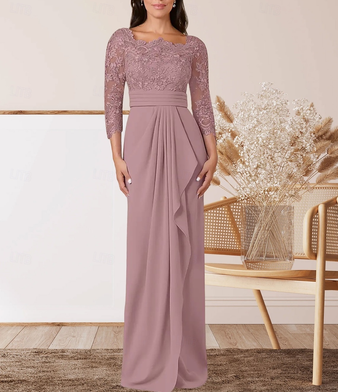 Sloupec  Sloupové šaty matky nevěsty Svatební Host Elegantní Čtvercový Krk Délka Podlahy Chiffon Krajka 3/4 Dlouhý Rukáv s Krajkovým Páskem  Stuhou Krepováním 2025 - $164.99 –P1