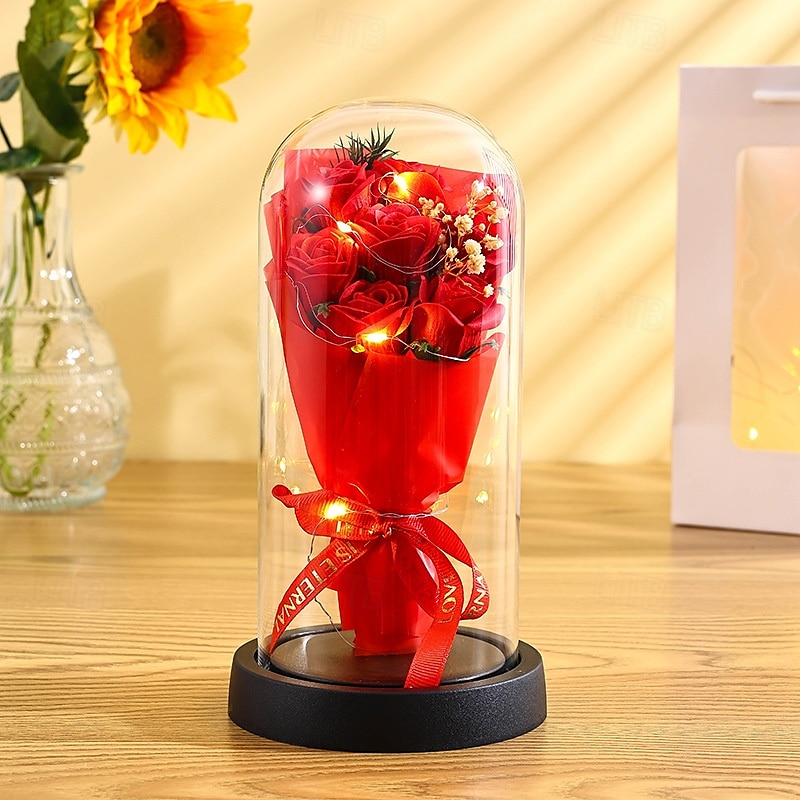 El ramo de rosas eternas, regalo para mamá, flores de jabón preservadas en cúpula de vidrio con luz, decoración de cumpleaños del día de la madre para mujeres 2026 - $15.99 –P9