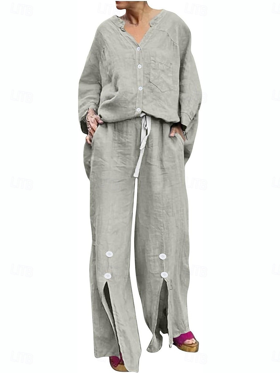 Femmes Actif Basique Ensembles en coton et lin manche longue Col en V Couleur Unie Décontracté Quotidien Noir Blanche Jaune Été Coupe régulière de 2025 ? $28.99 –P9