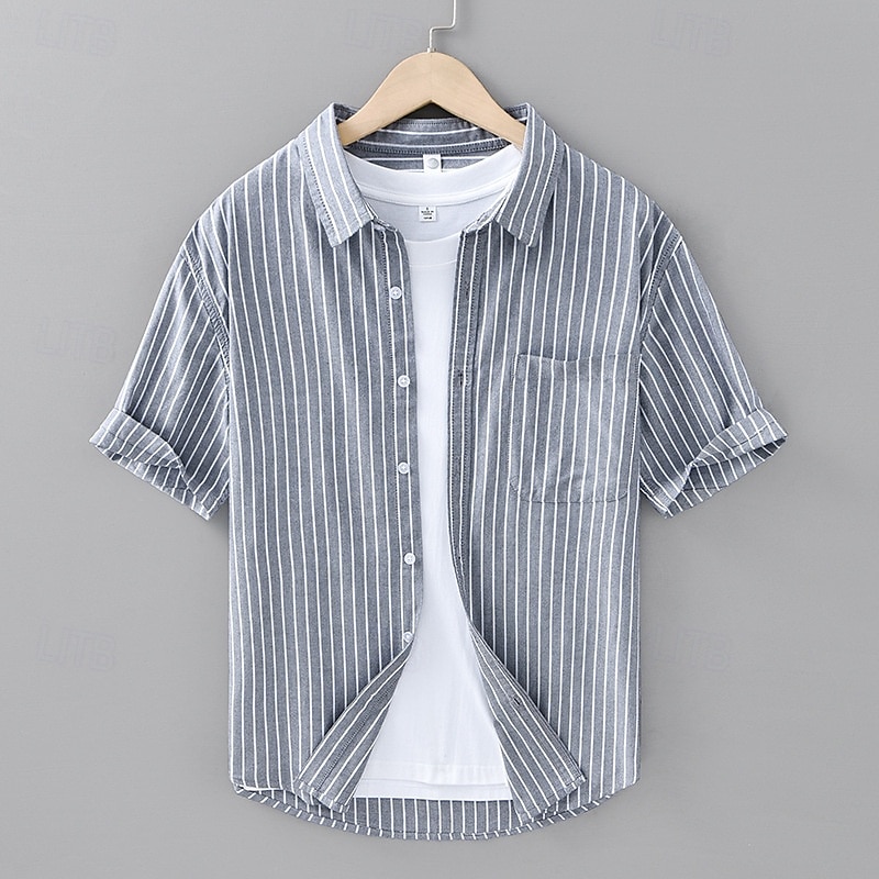 Voor heren Overhemd Zomer overhemd Normaal shirt Strand hemd Overhemd met knopen Wit blauw Groen Grijs Korte mouw Gestreept Revers Vakantie Hawaii Zak Kleding 100% katoen Modieus Casual Comfortabel 2025 - $33.99 –P1