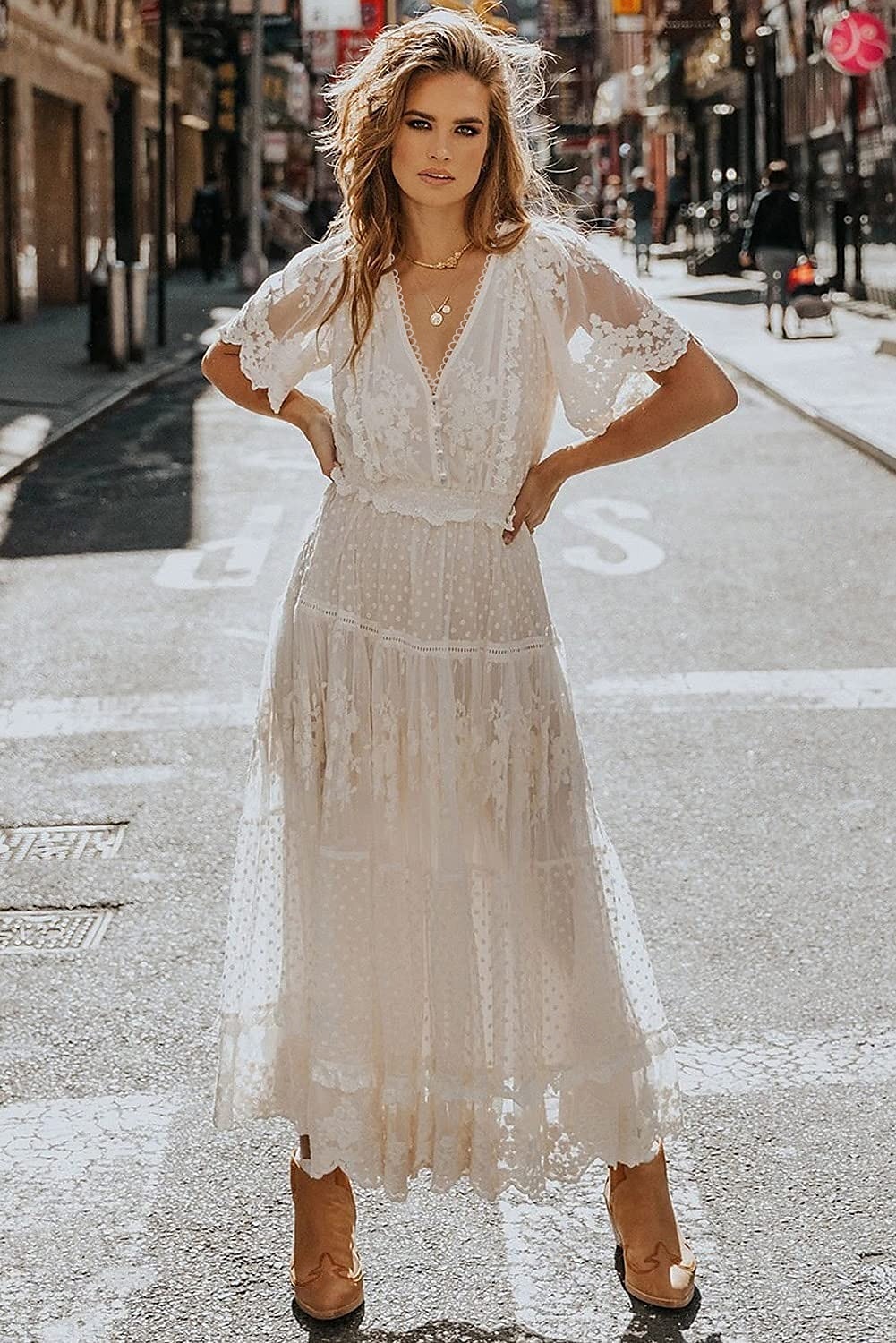 Women's Maxi long Dress White Dress Lace Dress Holiday Dress Swing Dress Elegant Romantic Boho Vacation Holiday Date Regular Fit Pure Color Short Sleeve V Neck White Summer Spring 2025 - $51.99 –P3