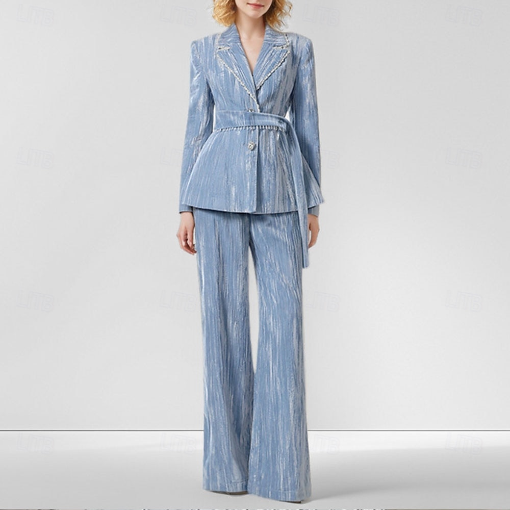 Blue Velvet Pantsuit Mother of the Bride Suit Elegant Minimalist Notched Lapel Floor Length Long Sleeve with Pearls 2025 - $129.99 –P1