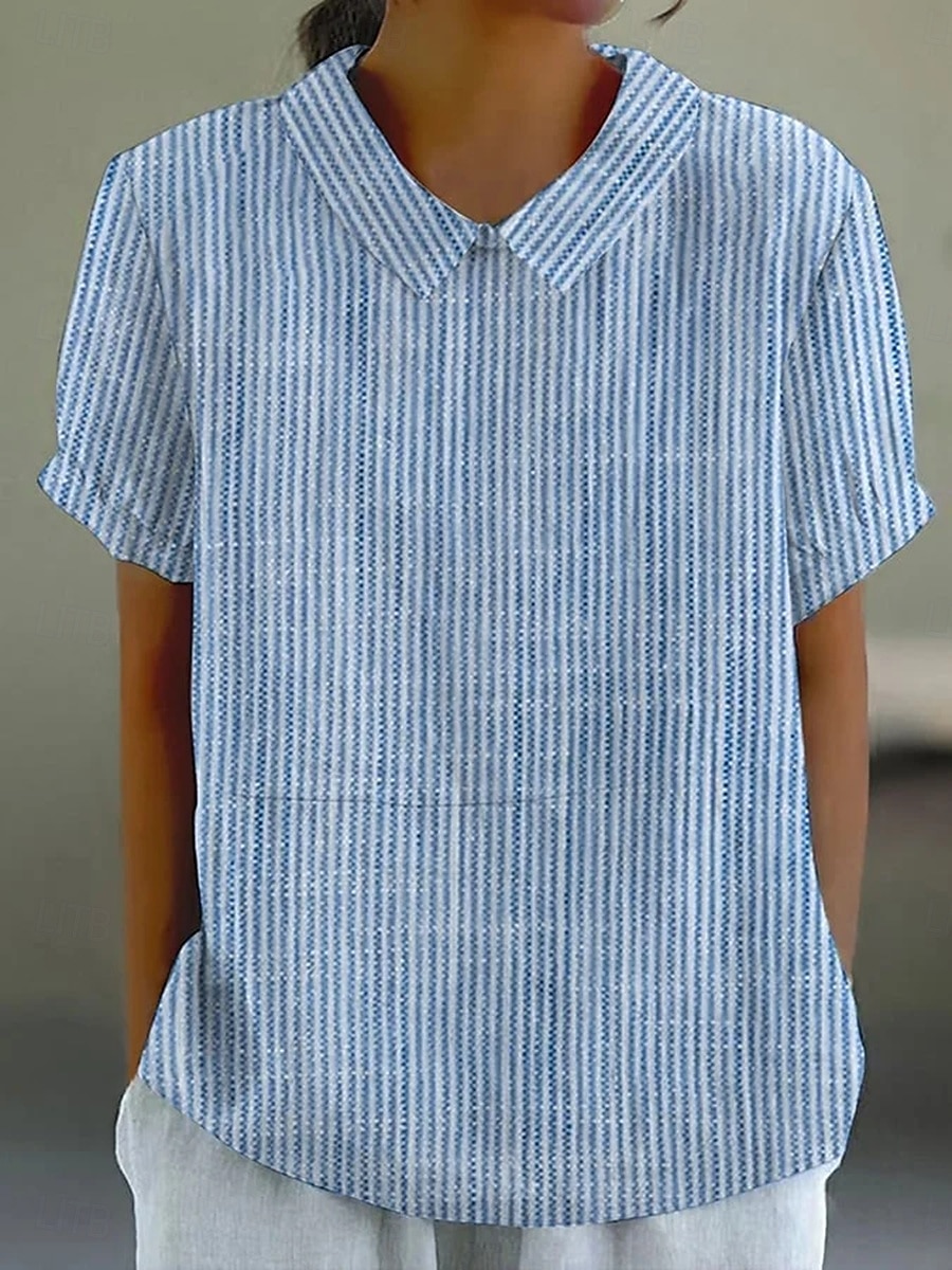 Dame Bluse Grafisk Geometrisk Stripet Elegant Daglig Stilfull Kortermet Skjortekrage Vanlige topper Arbeid Daglig Ferie Trykt mønster Rosa Blå Grønn Grå Sommer Vår 2025 - $23.99 –P1