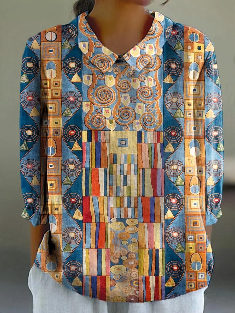 Damen Hemd Grafik Geometrisch Bohemien Täglich Stilvoll Langarm Hemdkragen Normale Oberteile Täglich Knöpfe Druck Gelb Blau Khaki Sommer Frühling 2025 - $24.99 –P2