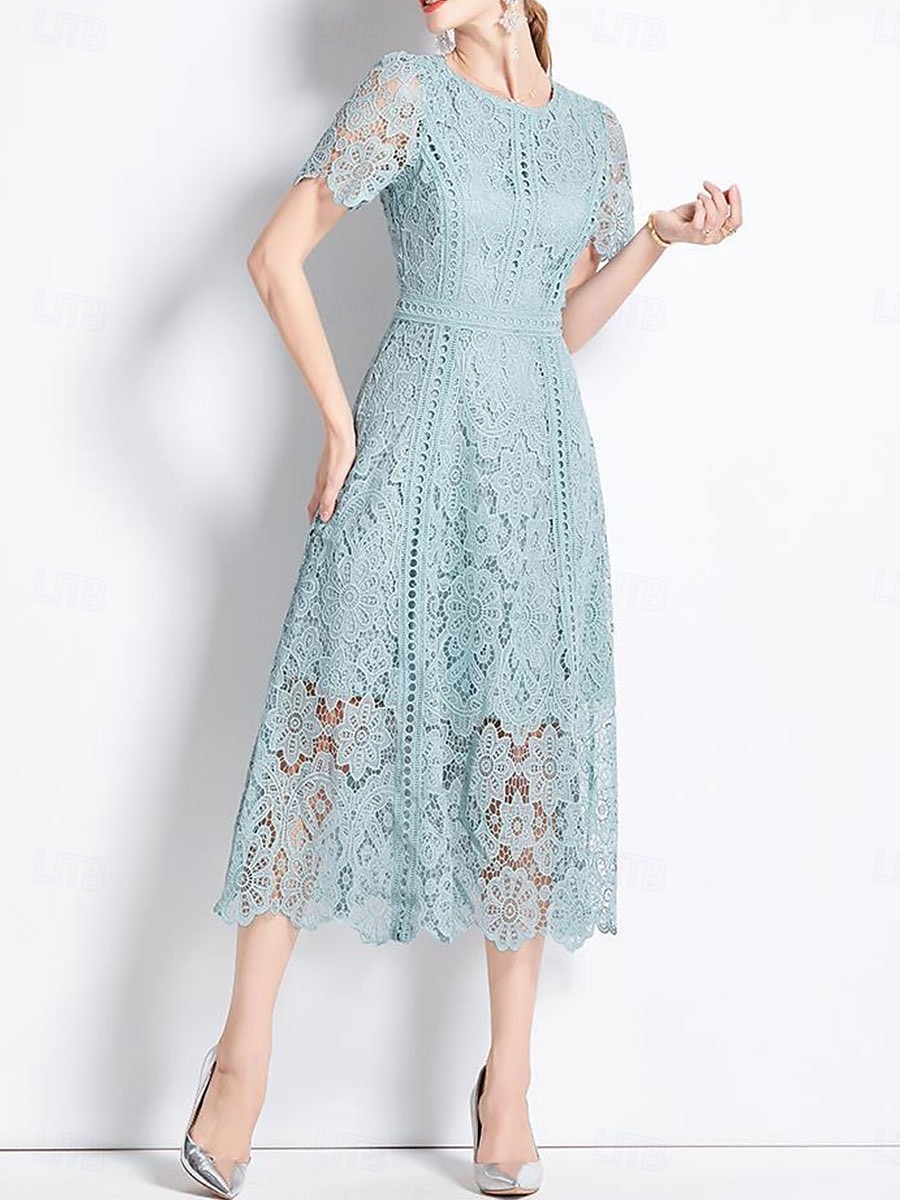 Abito Madre della sposa Abito elegante Collo tondo Lunghezza tè Pizzo Maniche corte con pizzo del 2025 a $99.99 –P4