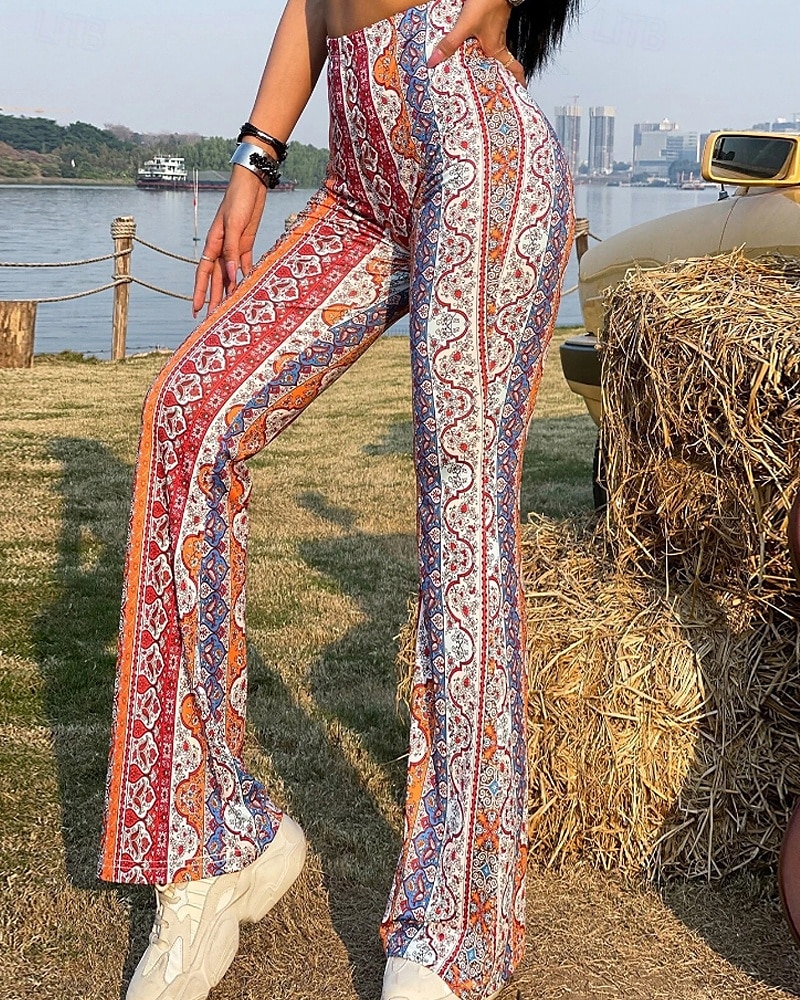 Women's Bell Bottom Slacks Fashion Boho Full Length Natural Flower Elastic Waist Printing Outdoor Comfortable Holiday Going out Magenta Orange red Black Pink Summer Regular Fit 2025 - $16.99 –P2