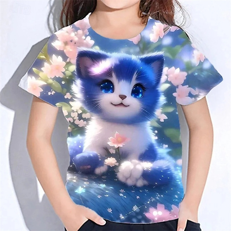 Fille 3D Chat T-shirt Manche Courte Été Printemps Mode Basique Enfants 4-12 ans Col Rond Extérieur Occasionnel Quotidien Coupe régulière de 2025 ? $11.99 –P6