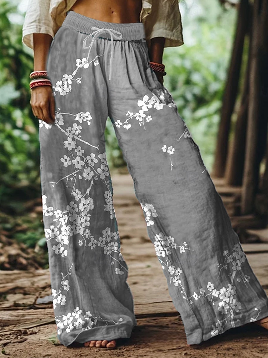 Femmes Jambe large Chinos Pantalons Amples Vacances ancien Mode Longueur complète Taille haute Fleuri Graphique Impression Respirant Doux Micro-Élastique Formel Vacances Rue Violet Vert Gris Ét de 2025 ? $24.99 –P3
