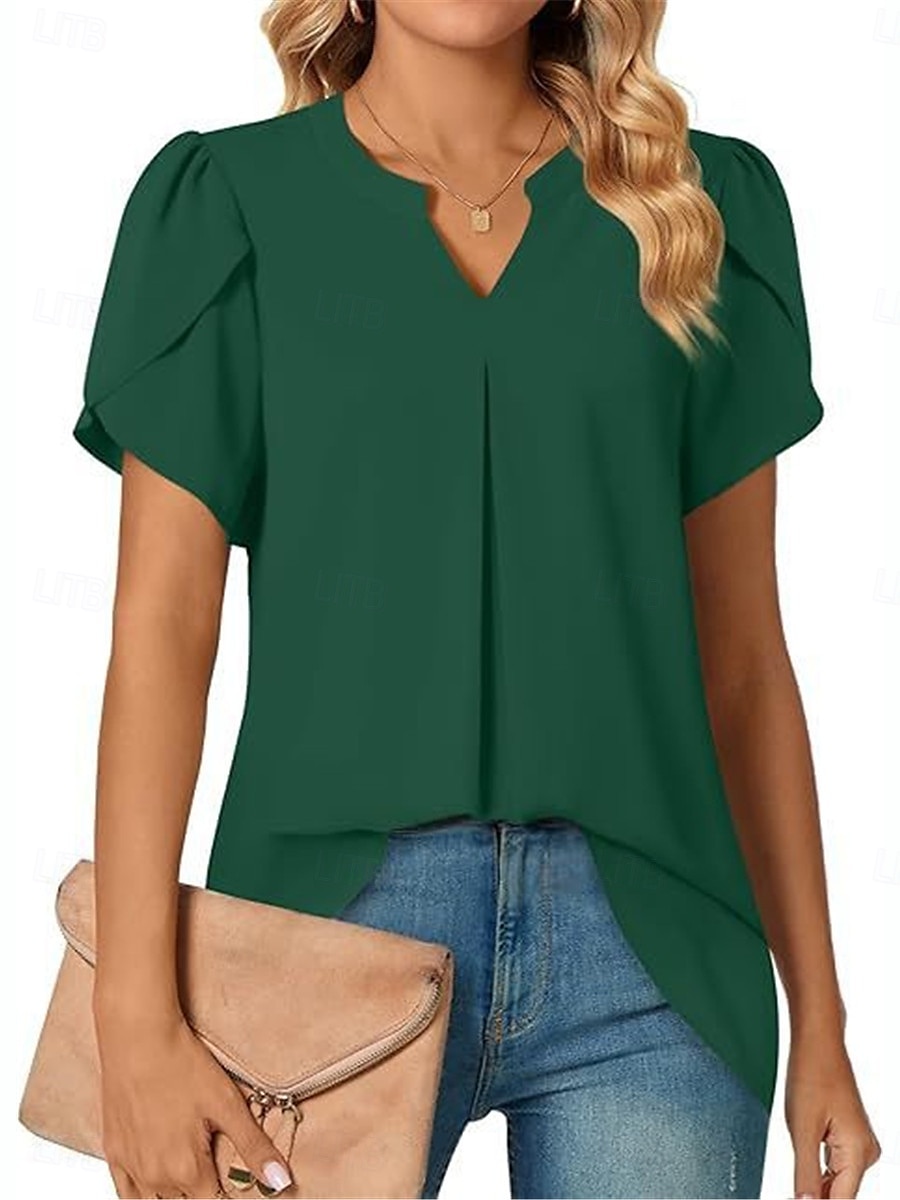 Femmes Chemisier Couleur Unie Élégant Basique Occasionnel Manche Courte Col en V Hauts Réguliers Quotidien Noir Blanche Bleu Vert Abricot Été de 2025 ? $19.99 –P15