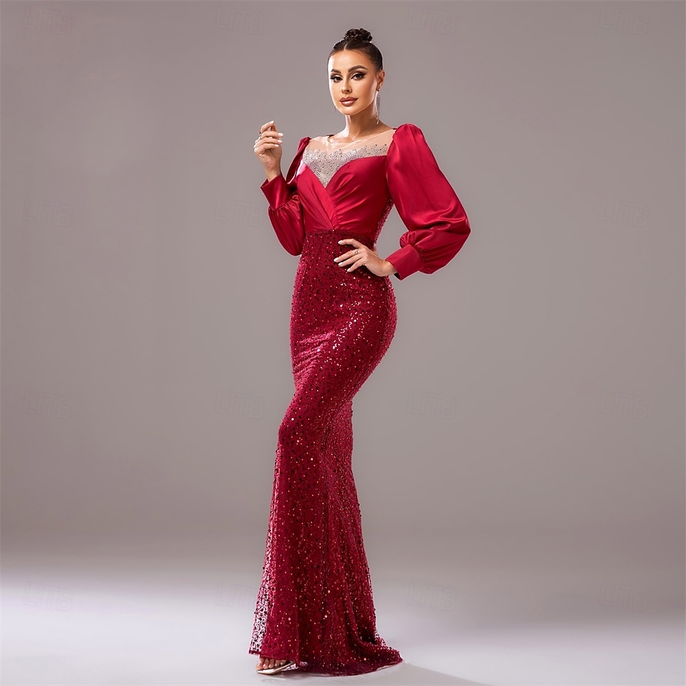 Robe de soirée noire cravate noire robe élégante mariage invité longueur au sol manches longues col rond sequins avec plis de 2025 ? $135.99 –P5