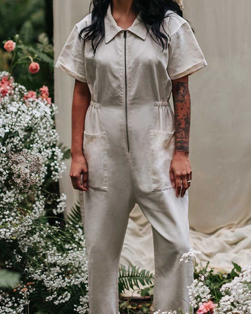 Damen Normal Overall Streetwear Einfarbig Kurzarm Hemdkragen Reißverschluss Ausgehen Wochenende Normale Passform Blau Schwarz Rosa Sommer 2026 - $31.99 –P12