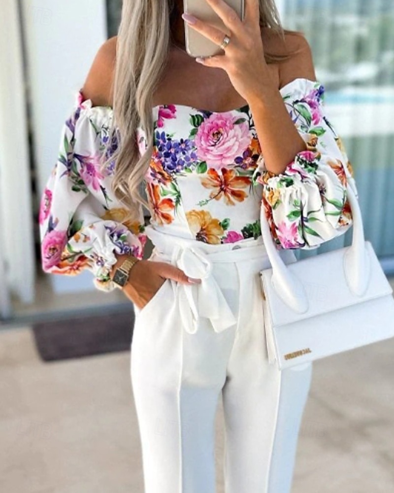 Damen Boho-Hemd Bluse Blume Modern Boho Langarm Schulterfrei Normale Oberteile Täglich Ausgehen Druck Erröten Sie Rosa Rosa Wein Rote Purpur Sommer 2025 - $21.99 –P4