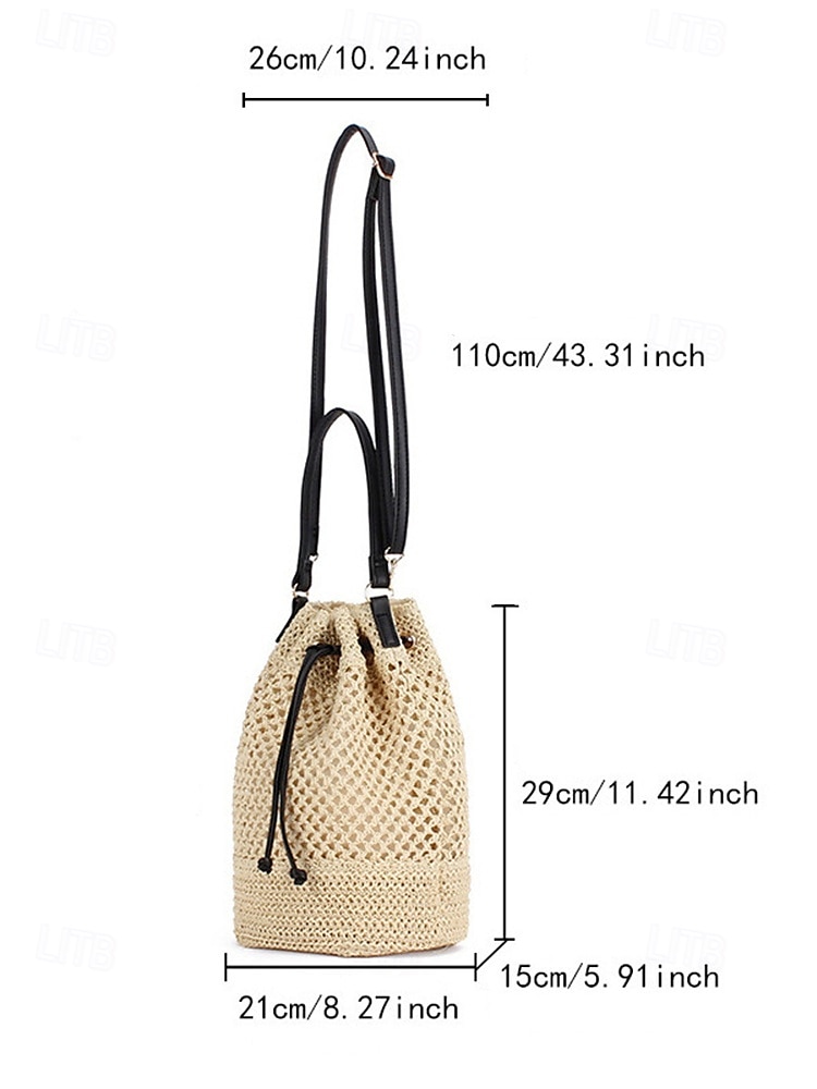 Women’s Woven Drawstring Bucket Bag - Stylish Summer Tote with Leather Straps, Perfect for Beach, Travel and Casual Outings 2025 - $18.99 –P7