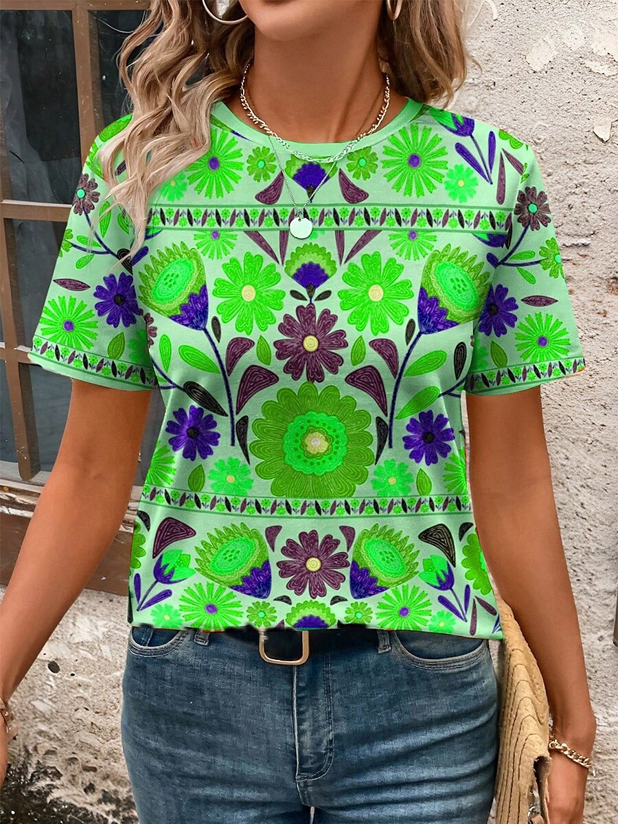 Dame T skjorte Blomstret Grafisk Planter Årgang Stilfull Klassisk Kortermet Crew-hals Vanlige topper Daglig Helg Trykt mønster Blå Lilla Oransje Grønn Sommer 2025 - $19.99 –P5
