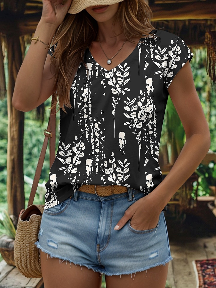 Dame Bluse Grafisk Planter Årgang Stilfull Klassisk Ermeløs Kortermet V-hals Vanlige topper Daglig Trykt mønster Svart Hvit Sommer Vår 2025 - $17.99 –P4