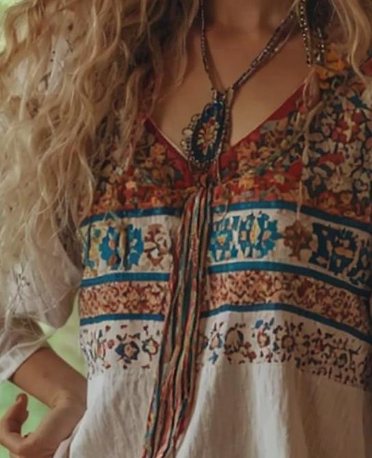 Dame Bluse Blomstret Grafisk Bohem Årgang Tropisk 3/4 ermer V-hals Vanlige topper Rynket Trykt mønster Beige Sommer Vår 2025 - $24.99 –P2