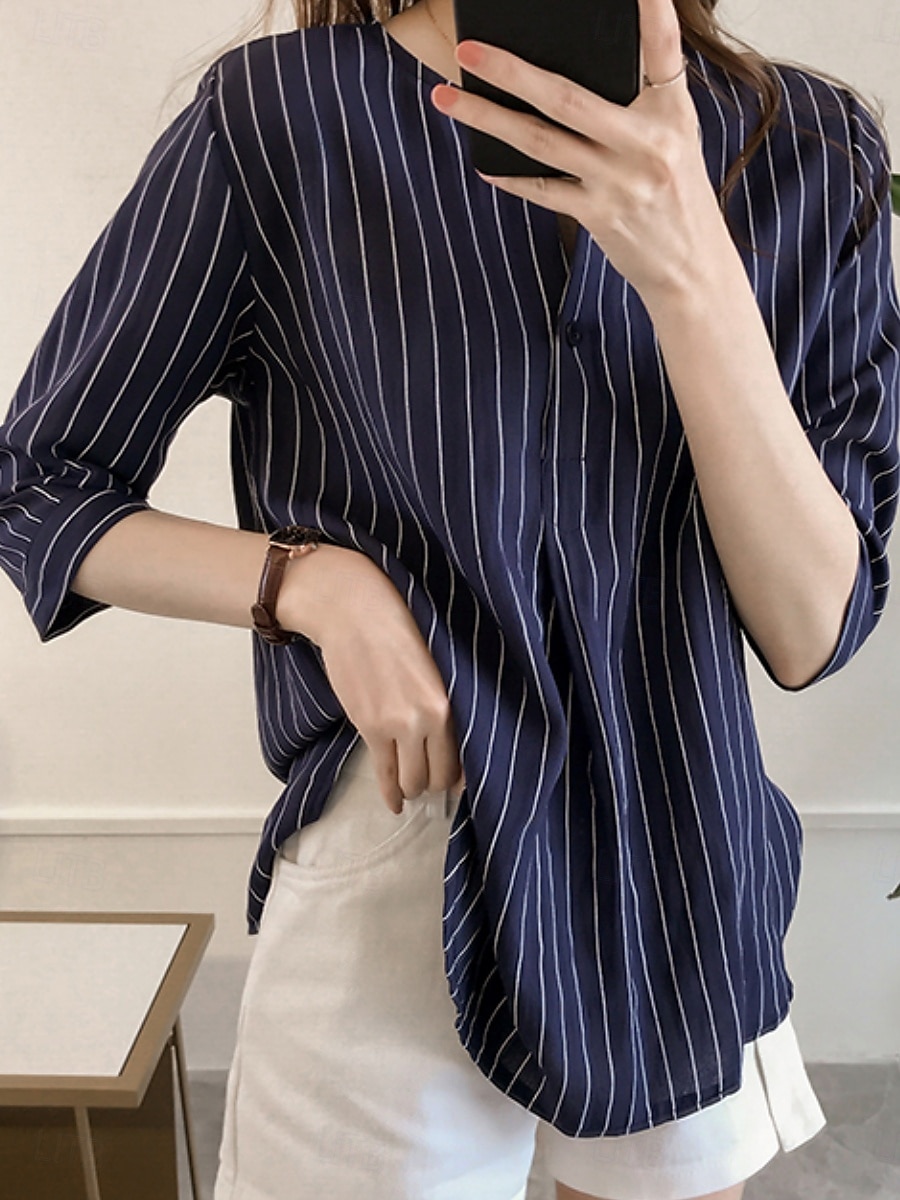 Femmes Chemise Rayé Élégant Occasionnel Manche 3/4 Col ras du cou Hauts Réguliers Quotidien Boutons Imprimé Blanche Rose Claire bleu marine Bleu clair Été de 2025 ? $17.99 –P10
