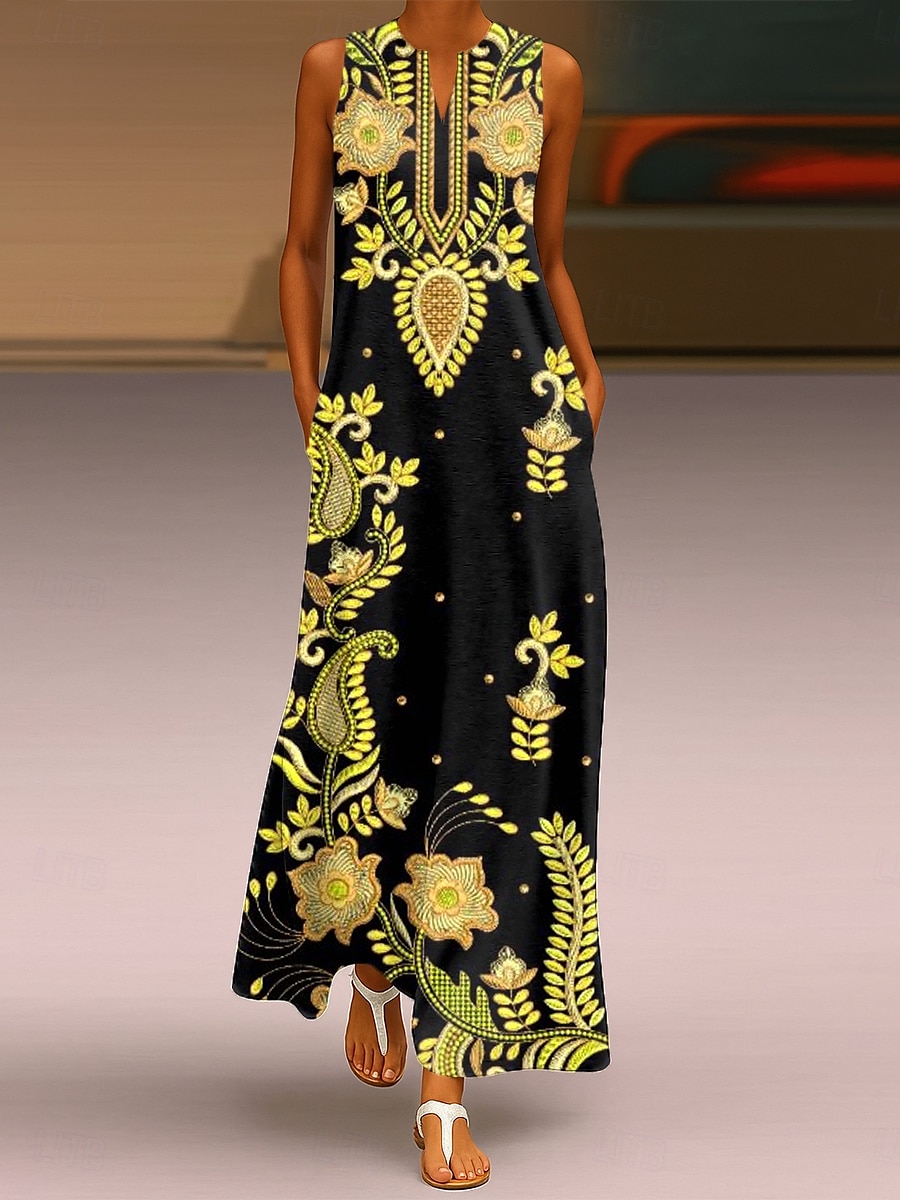 Women's Maxi Dress Sundress A Line Dress Summer Dress Vacation Casual Boho Daily Holiday Loose Fit Graphic Paisley Tribal Sleeveless Crew Neck V Neck Yellow Summer 2025 - $36.99 –P1