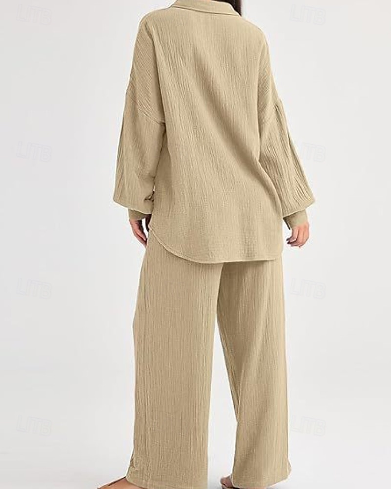 Women's Active Fashion Cotton Linen Shirts Cotton Linen Sets Blouse Long Sleeve Shirt Collar Solid Color Dubbele Rij Knopen Holiday Casual Daily Black Ivory Wine Summer Regular Fit 2025 - $37.99 –P16
