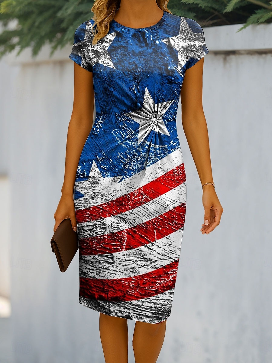 Dámské vlastenecké midi šaty šaty tvarované bodycon šaty formální boho každodenní štíhlé grafické s krátkým rukávem kulatým výstřihem modré léto jaro 2025 - $33.99 –P1