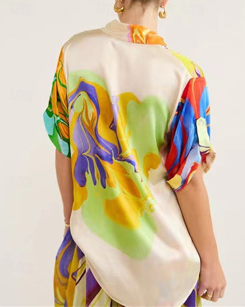 Femmes Mode Streetwear Jupe Ensembles Demi Manches Col de chemise Abstrait Imprimé Tenue quotidienne Date Vert Été Coupe régulière de 2025 ? $43.99 –P4