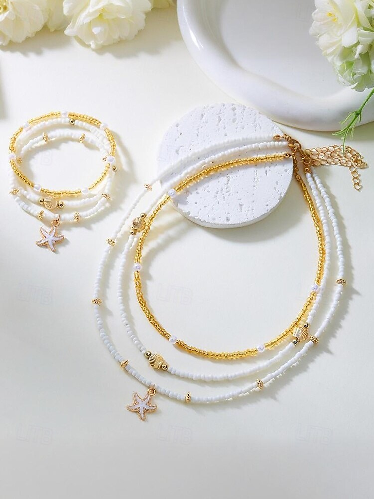 Conjunto de collar y pulsera tobillera en capas estilo playa para mujer con dijes de estrellas de mar y conchas, diseño de cuentas doradas y blancas, adecuado para vacaciones de verano, estilo casual y bohemio. 2025 - $9.99 –P5