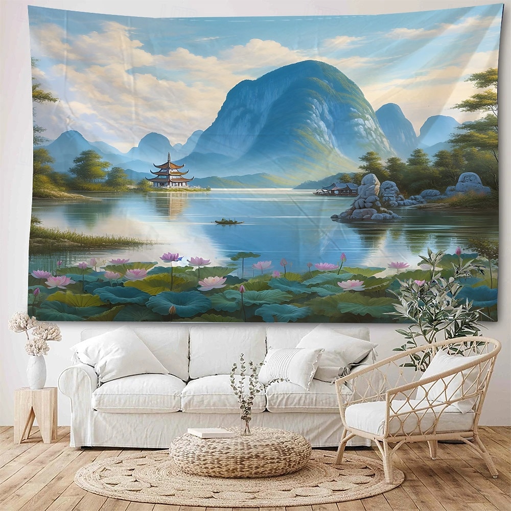 kinesisk stil landskapsmaleri hengende billedvev veggmaleri kunst stort billedvev veggmaleri dekorasjon bilder bakgrunn teppe gardiner hjem soverom stue dekorasjon 2025 - $13.99 –P1