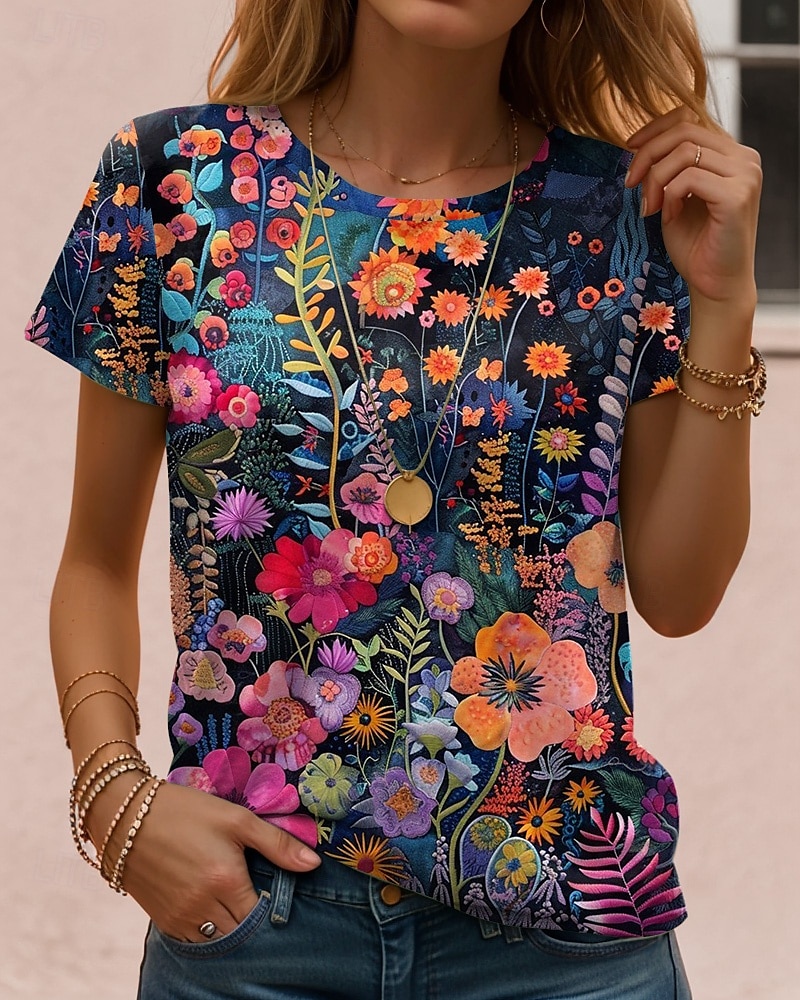 Γυναικεία Μπλουζάκι Στάμπα Φλοράλ Γραφική Φυτά Βίντατζ Στυλάτο Κλασσικό Κοντομάνικο Στρογγυλή Ψηλή Λαιμόκοψη Στρογγυλή Λαιμόκοψη Κανονικά μπλουζάκια Καθημερινά 2026 - $22.99 –P4