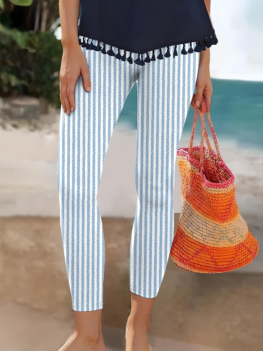 Per donna Leggings Vacanza Vintage Moda Lungo Vita Alta Grafico A righe Stampa Morbido Traspirante Elasticizzato Vacanza Casuale Quotidiano Blu Bianco-nero Azzurro chiaro Grigio Estate Primavera del 2025 a $19.99 –P4