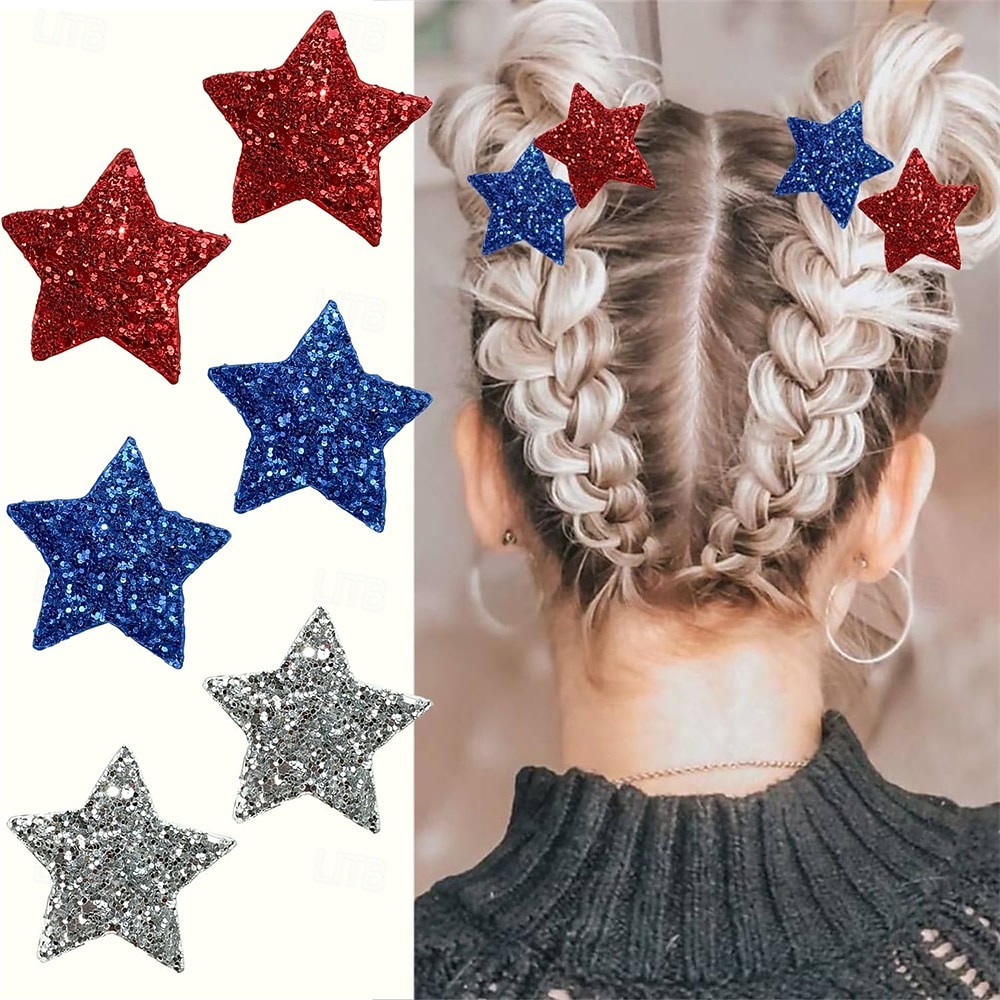 6 pinzas para el pelo del 4 de julio para mujer, accesorios para el cabello con broche de estrella rojo, blanco y azul con purpurina, pinzas para el pelo patrióticas, pasadores planos para el Día de 2026 - $10.99 –P1