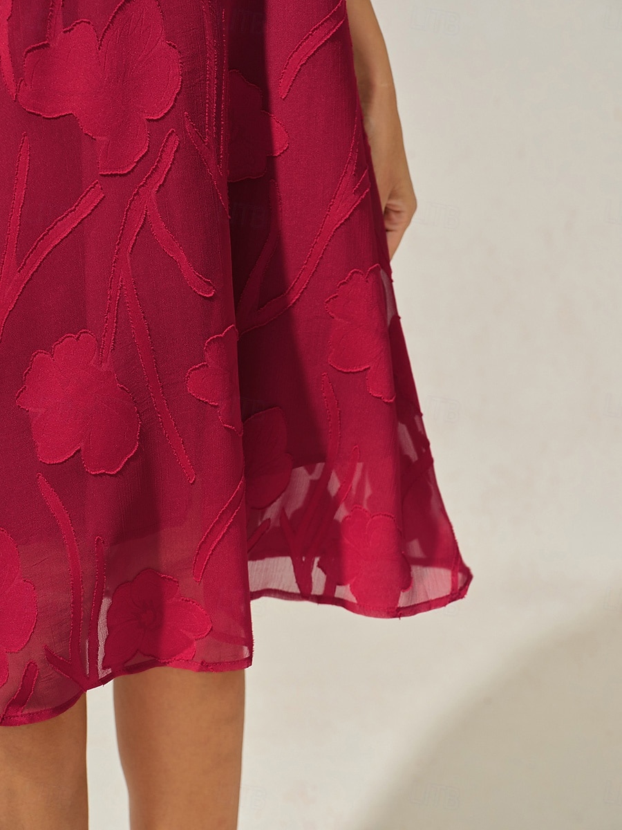 Women's Knee Length Dress Chiffon Dress Elegant Casual Loose Fit Floral Short Sleeve Crew Neck Red Summer