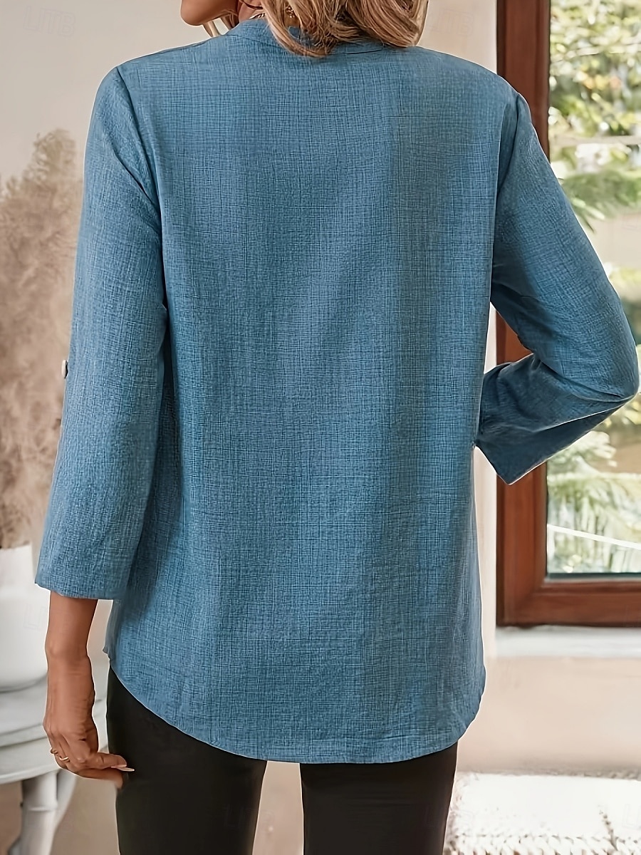 Femmes Chemise Uni Basique Occasionnel manche longue Encolure en V Hauts Réguliers Quotidien Boutons Noir Rose Claire Bleu Roi Bleu Vert Été Printemps de 2025 ? $17.99 –P3