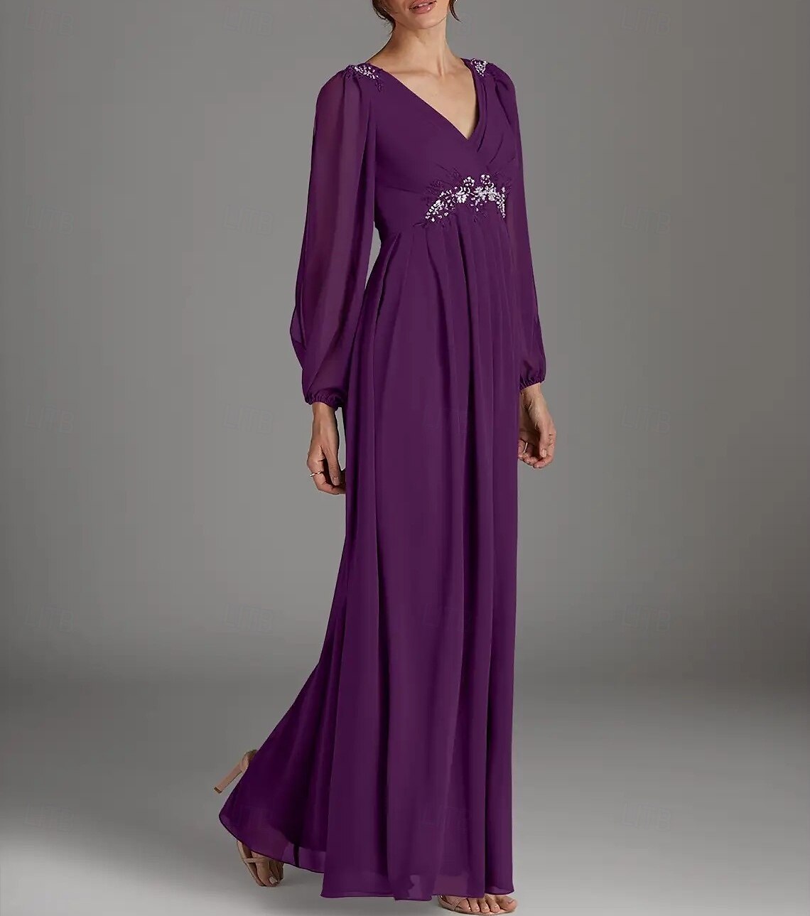 A-Line Mother of the Bride Dress Wedding Guest Elegant V Neck Floor Length Chiffon Long Sleeve with Beading Appliques Ruching 2025 - $162.99 –P3